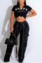 casual plus size non-stretch denim high-waist with pocket cargo jeans_Black