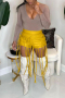 stylish plus size slight stretch rope decor zip-up slim pu shorts(only shorts)_Black_Yellow