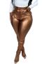 stylish plus size slight stretch solid color slim pu mid waist pants_Brown