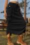 casual plus size non-stretch drawstring slit cargo midi denim skirt_Black