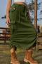casual plus size non-stretch drawstring slit cargo midi denim skirt_Black_Dark Green