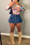 sexy slight stretch denim high-waist pleated shorts_Yellow_Dark Blue
