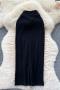 sexy slight stretch solid color ribbed knit high-waist slit midi skirt_Black