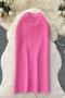 casual slight stretch ribbed knit solid color high-waist midi skirt_Black_White_Magenta