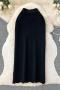 casual slight stretch ribbed knit solid color high-waist midi skirt_Black