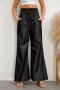 stylish non-stretch solid color high waist pocket pu wide legs pants_Black