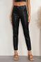 casual non-stretch solid color sequins pocket fleece mid-waist pu pants_Black
