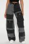 casual plus size slight stretch contrast color high waist straight leg jeans_Black