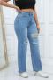 casual plus size slight stretch hole high waist all-match straight leg jeans_Sky Blue