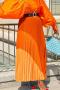 casual plus size slight stretch gradient color with belt pleated maxi skirt_Red_Orange