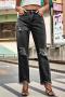 casual plus size non-stretch solid color hole mid waist jeans_Black