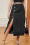 casual non-stretch solid color single-breasted midi cargo denim skirt_Black
