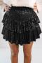 stylish slight stretch solid color sequins zip-up lined mini pleated skirt_Black