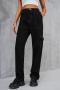 casual plus size non-stretch straight denim cargo pants_Black