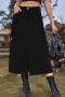 casual plus size non-stretch solid color high waist slit denim midi skirt_Black