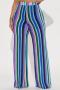 stylish plus size slight stretch knitted stripes high waist wide leg pants_Yellow_Blue
