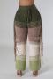 casual plus size slight stretch contrast color knit tassel high waist pants_Pink_Dark Green