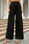 casual slight stretch 4 colors drawstring loose all-match pleated straight pants_Black