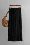 casual slight stretch solid color knitted drawstring high waist wide leg pants_Black