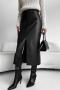 casual non-stretch pu solid color with thin velvet slit midi skirt_Black