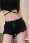 sexy slight stretch denim solid color low-waist zip-up shorts_Black