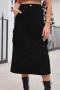 casual plus size non-stretch solid color slit all-match midi denim skirt_Black
