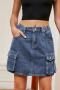 casual plus size non-stretch solid color all-match cargo mini denim skirt_Black_Dark Green_Blue
