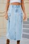 casual plus size non-stretch solid color slit high waist midi denim skirt_Sky Blue