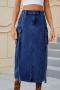 casual plus size non-stretch solid color slit high waist midi denim skirt_Sky Blue_Dark Blue