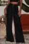 casual non-stretch solid color velvet loose high waist wide leg pants_Black
