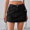 casual  plus size non-stretch solid color drawstring mini denim skirt_Black