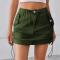 casual  plus size non-stretch solid color drawstring mini denim skirt_Black_Dark Green