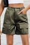 casual plus size non-stretch solid color pocket denim cargo shorts_Black_Dark Green
