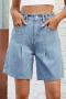 casual plus size non-stretch solid loose adjustable waist denim shorts_Sky Blue