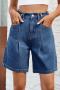 casual plus size non-stretch solid loose adjustable waist denim shorts_Sky Blue_Dark Blue