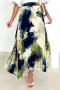 casual non-stretch oil painting printing pleated midi skirt_Dark Green