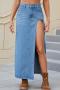 sexy plus-size non-stretch solid color pocket denim skirt_Blue
