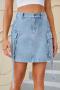 summer new casual plus size non-stretch solid color pocket denim mini skirt_Sky Blue