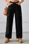 casual plus-size non-stretch solid drawstring cargo jeans_Black