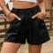 casual plus size non-stretch solid pocket denim shorts_Black