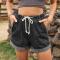 casual plus size non-stretch rolled drawstring denim shorts_Black_White_Dark Gray