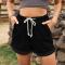 casual plus size non-stretch rolled drawstring denim shorts_Black