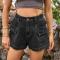 summer new casual plus size non-stretch solid color cargo denim mini shorts_Black_White_Dark Gray