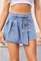 summer new casual plus size non-stretch pleated buttoned denim mini skorts_Sky Blue