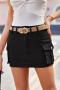 casual slight stretch 9-color low-waisted skinny pocket cargo denim mini skirt(belt not included)_Black