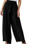 casual non-stretch 4-color high-waisted tie loose wide-leg straight leg pants_Black