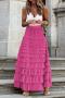 elegant non-stretch solid color high waist pleated mesh cake maxi skirt_Black_White_Light Pink_Magenta