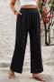 casual stylish slight stretch solid color indoor wide-leg loos trousers_Black