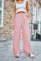casual non-stretch solid color comfortable pleated loose wide-leg pants_Black_Pink