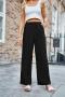 casual non-stretch solid color comfortable pleated loose wide-leg pants_Black